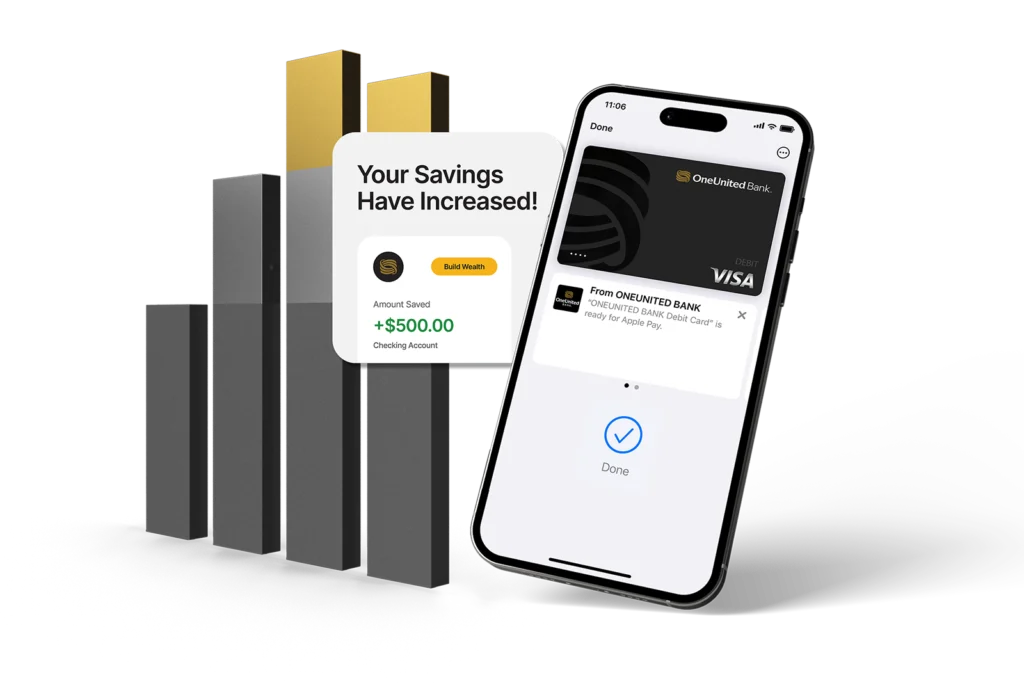 A smartphone displays a digital OneUnited Bank Visa card. A notification shows a $500 savings increase in a checking account. Geometric shapes form a stylized background.