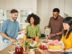 Four people stand around a kitchen island, preparing and serving food and drinks, smiling and interacting in a bright, modern kitchen.