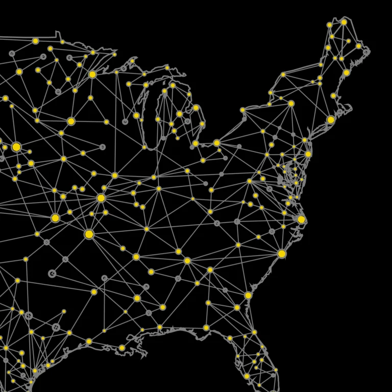 A network map of the eastern United States shows interconnected nodes with yellow points connected by gray lines on a black background.