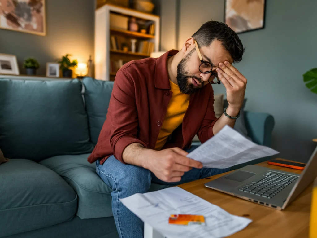 A man sits on a couch, holding his head and looking at papers in his hand, with a laptop, documents, and a credit card on the table in front of him.