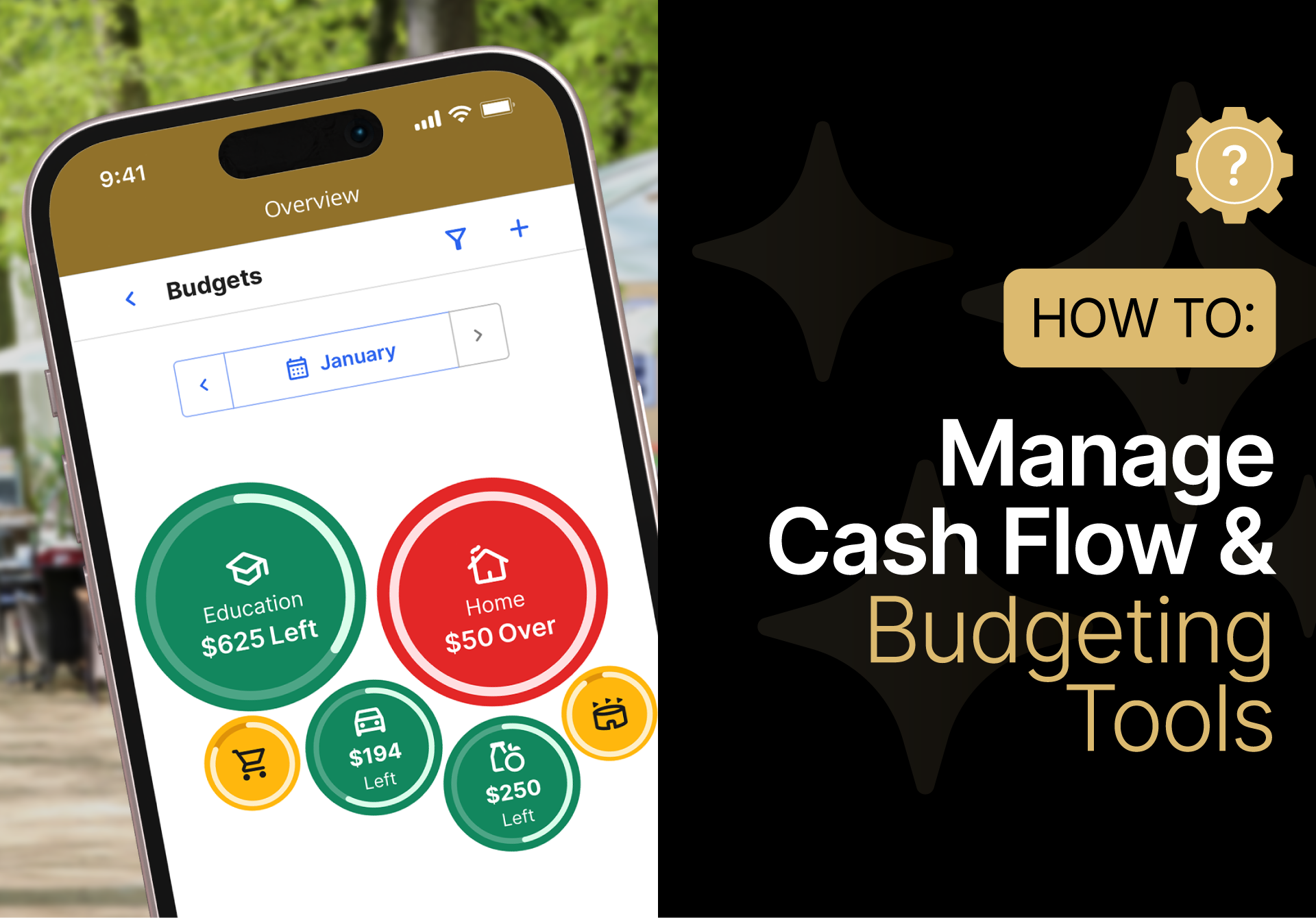 A smartphone displays a budgeting app with categorized spending, next to a graphic titled “How To: Manage Cash Flow & Budgeting Tools.”.