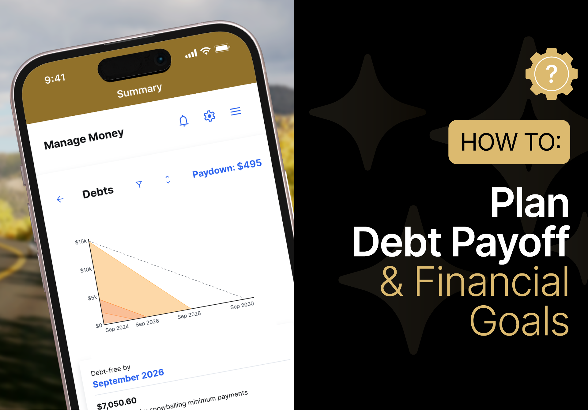 Smartphone screen showing a debt payoff chart next to a graphic that reads "How to: Plan Debt Payoff & Financial Goals.
