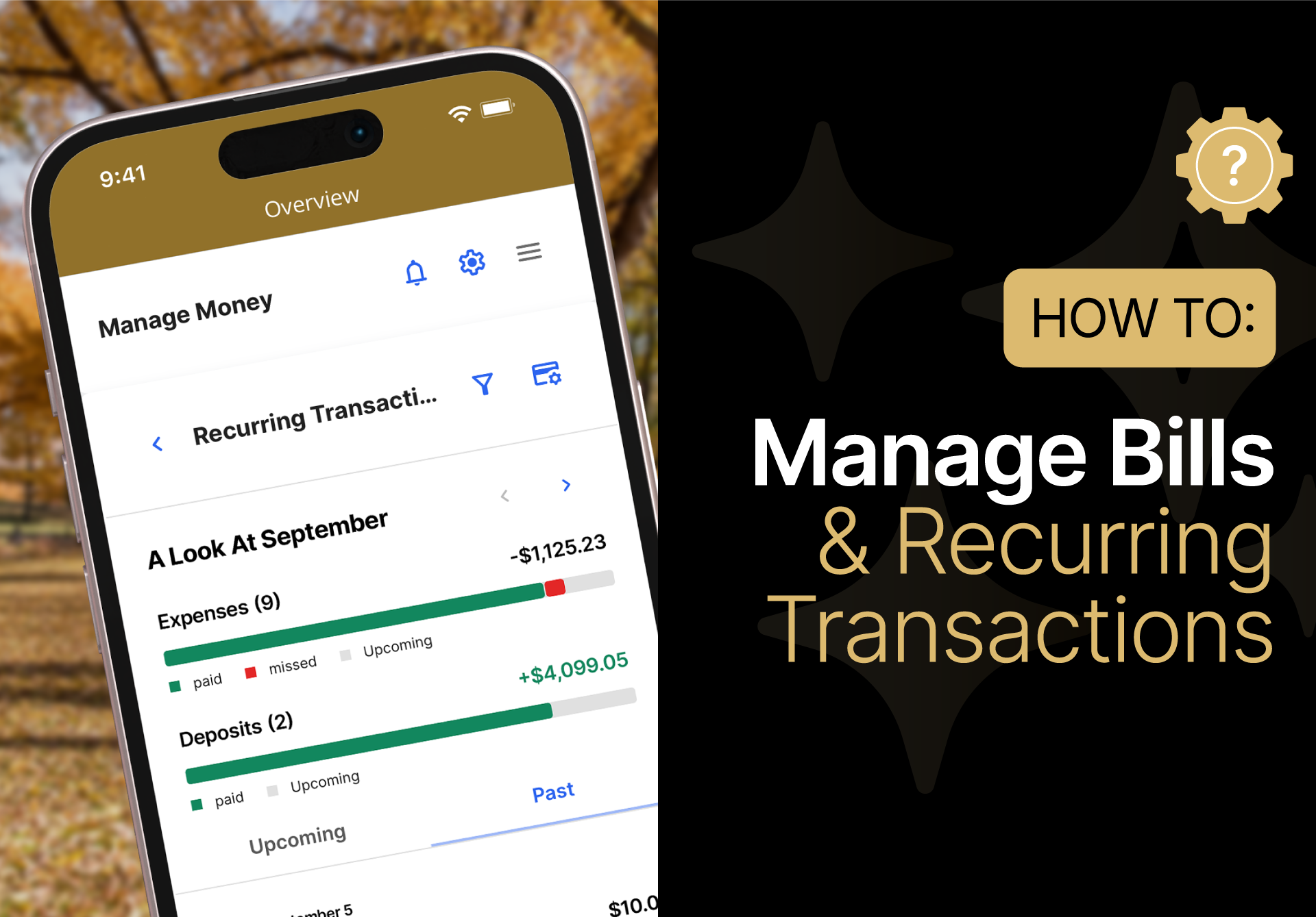A smartphone displays a finance app’s recurring transactions screen beside a graphic titled "How to: Manage Bills & Recurring Transactions.