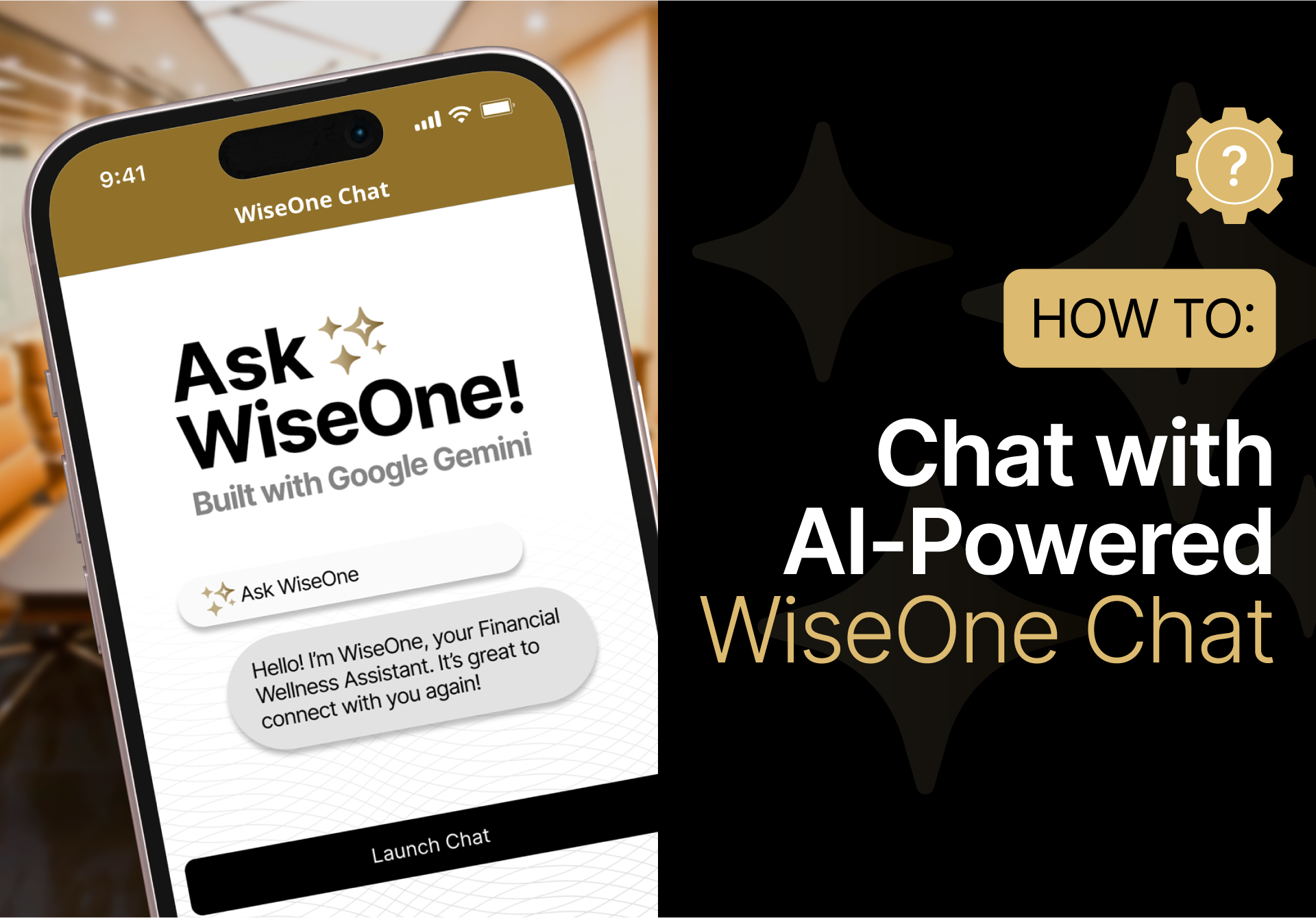 A smartphone displays the WiseOne Chat app interface, highlighting the option to chat with an AI-powered financial assistant built with Google Gemini.