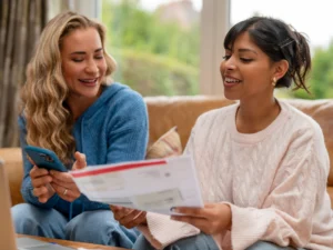 Two women sitting on a couch, one holding a phone and the other holding papers, both smiling and appearing to discuss the documents.
