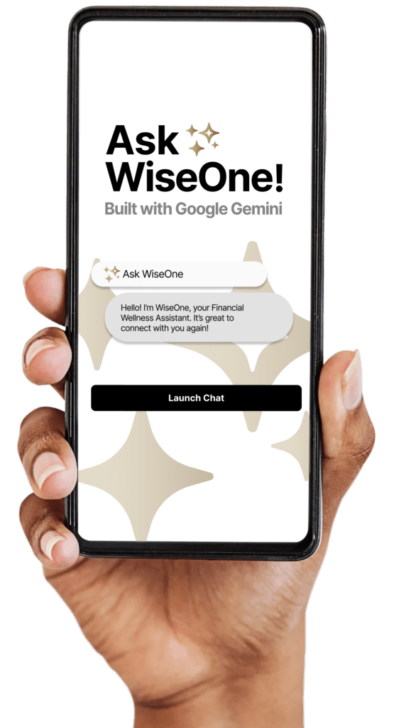 A hand holds a smartphone displaying an app called WiseOne, built with Google Gemini, with a chat message and a "Launch Chat" button on the screen.
