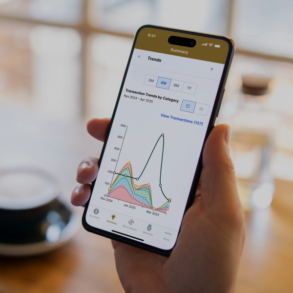 A person holds a smartphone displaying a financial app with a line graph of transaction trends by category from November 2024 to April 2025.
