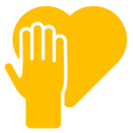 A yellow hand is shown in front of a yellow heart on a black background.