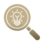 A magnifying glass with a light bulb inside the lens, symbolizing idea discovery or innovation.