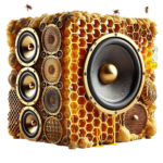 A cube-shaped speaker covered in honeycomb and honey, with bees flying around it.