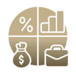 A circular icon divided into four sections featuring a percentage symbol, a bar chart, a money bag with a dollar sign, and a briefcase.