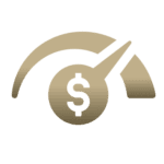 A gold speedometer icon with a dollar sign in the center and the needle pointing to the high end, symbolizing financial growth or high performance.