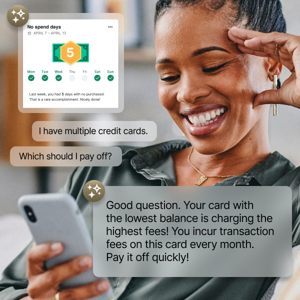 A woman smiles at her phone. Inset: calendar highlights 5 no-spend days. Text discusses reading credit card terms, warning about short intro APR and high penalty rates.