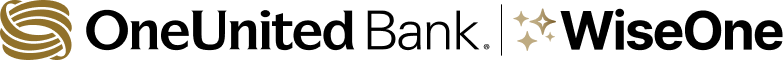 Logo with gold swirl, text "OneUnited Bank" and "WiseOne" separated by two gold diamond-shaped sparkles.