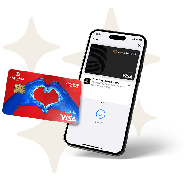 A red OneUnited Bank Visa debit card and a smartphone displaying a completed Apple Pay transaction with a virtual black OneUnited Bank Visa card.