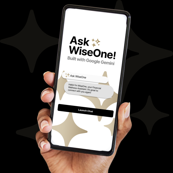 A hand holds a smartphone displaying the "Ask WiseOne!" app with a welcome message and a "Launch Chat" button on the screen.