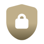A gold shield icon with a white padlock symbol in the center, representing security or protection.