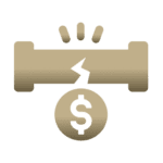 Icon of a broken pipe above a dollar sign, with accent lines indicating impact or urgency.