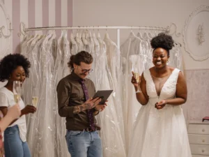 A bride in a white wedding dress smiles while holding a glass of champagne, surrounded by friends in a bridal shop. Dresses hang on a rack in the background.