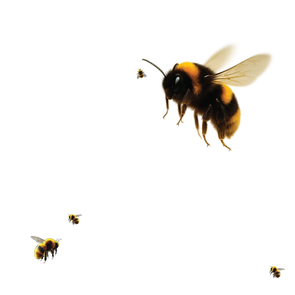 A large bumblebee flies near bold, partially obscured white text, with two smaller bees nearby on a white and yellow background.