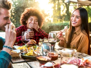 Three people sit at an outdoor table, eating food and drinking wine, smiling and laughing together in daylight. Plates of food and drinks fill the table.