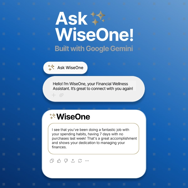 Ask WiseOne!" text with a chat interface showing WiseOne, a financial wellness assistant built with Google Gemini, congratulating the user on managing their finances.