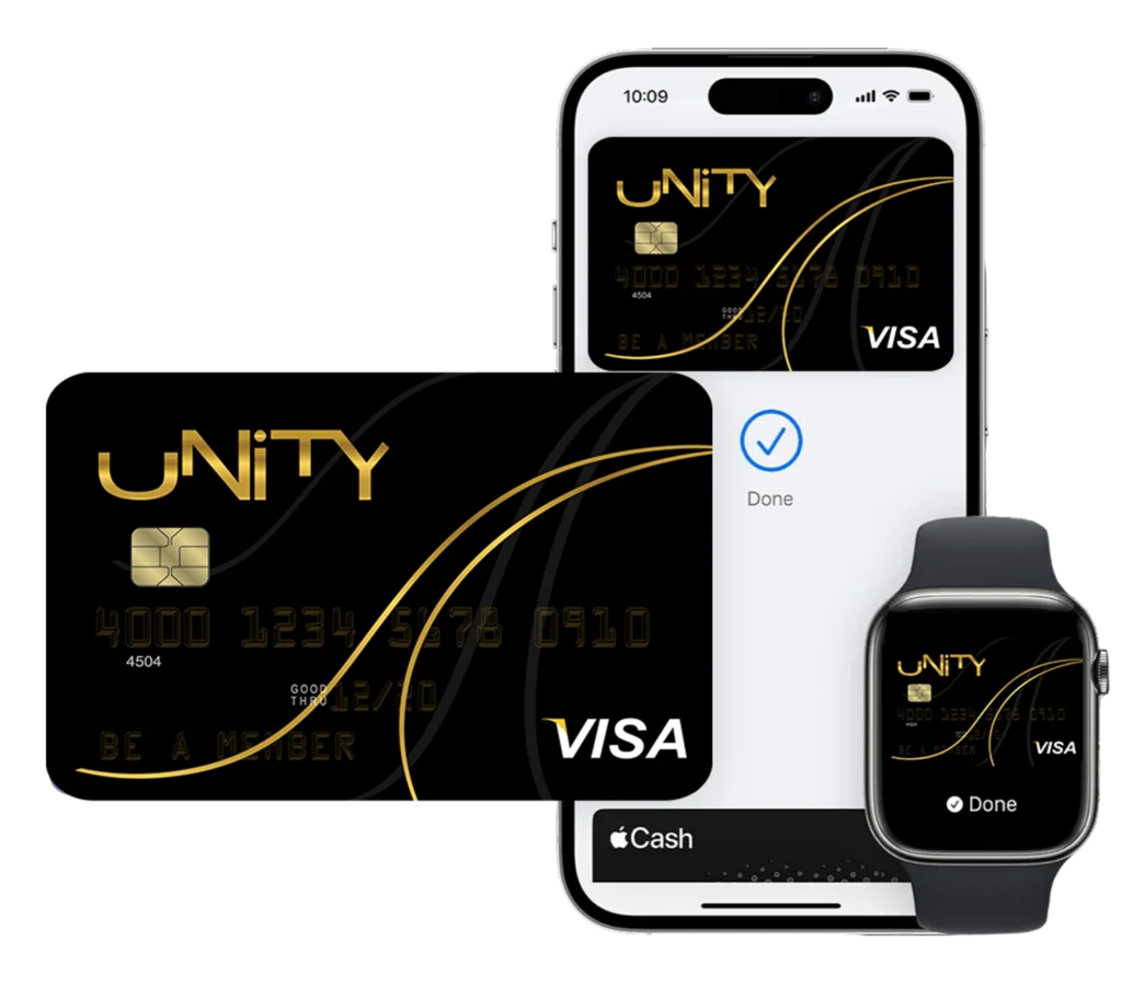 A black and gold UNITY Visa card is shown next to a smartphone and smartwatch displaying the digital version of the same card in Apple Wallet.