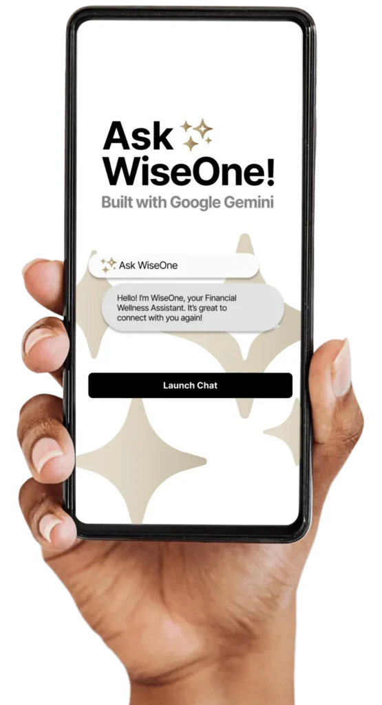 A hand holding a smartphone displaying the "Ask WiseOne" chat interface, featuring a welcome message and a "Launch Chat" button on the screen.