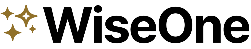 The image features the word "WiseOne" in bold black letters, with three gold sparkles to the left of the WiseOne text.