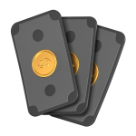 Three stylized black cards featuring gold dollar symbols arranged in a fanned-out manner on a transparent background.