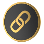 A gold chain link icon centered on a black circular background with a gold border.
