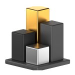 3D bar chart with four rectangular columns in black, silver, and gold, placed on a square base; the gold column is the tallest.
