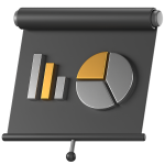 A black presentation board displays a 3D bar chart and a pie chart, both in gray and gold tones.
